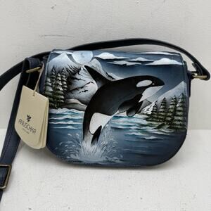 Anuschka Orca Whale Hand Painted Leather Crossbody Saddle Bag New W/ Tags